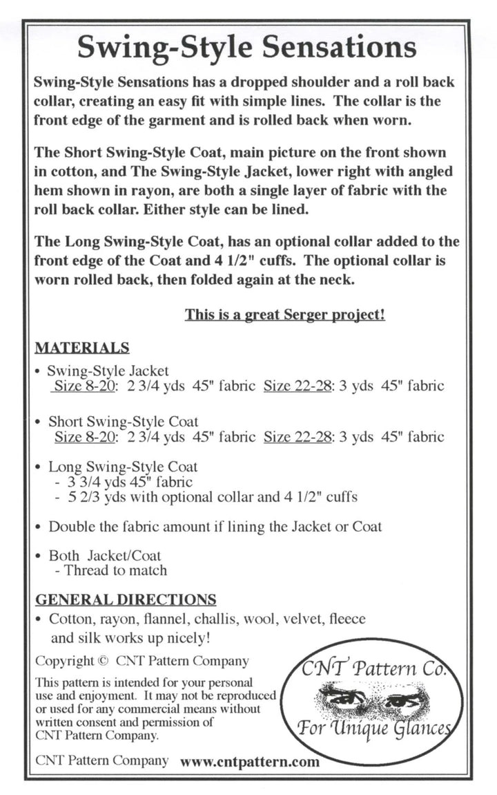 Pattern description for Swing-Style Sensations clothing with text and CNT Pattern Co logo.