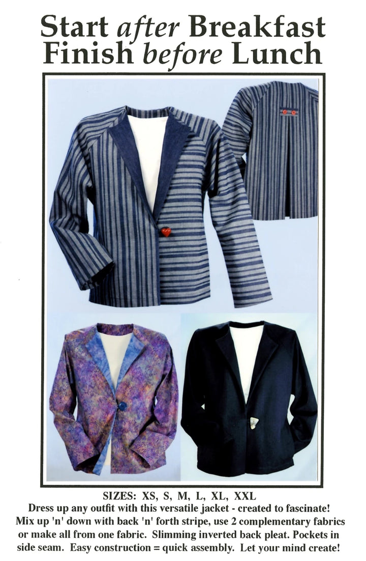 Striped jacket with text about wearing it after breakfast and before lunch, on a light blue background.