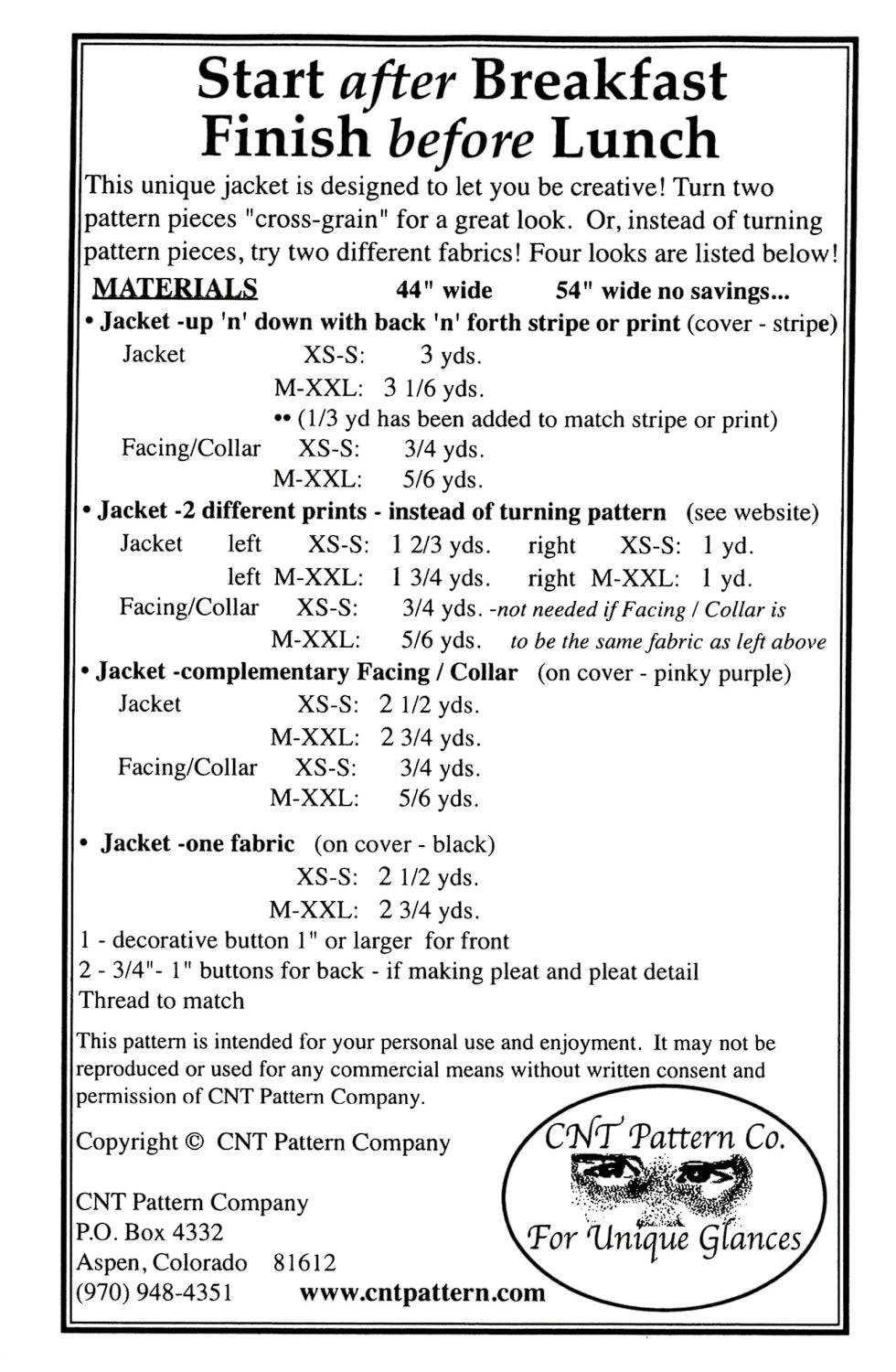 Pattern description for a jacket with text and CNT Pattern Co logo