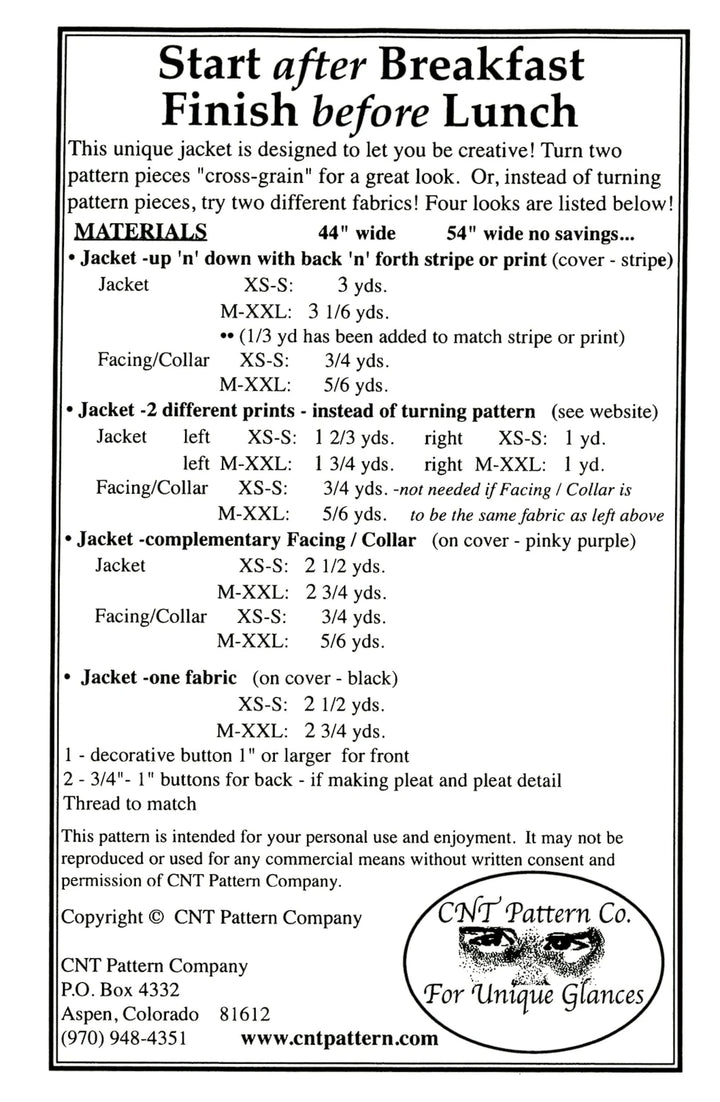 Pattern description for a jacket with text and CNT Pattern Co logo