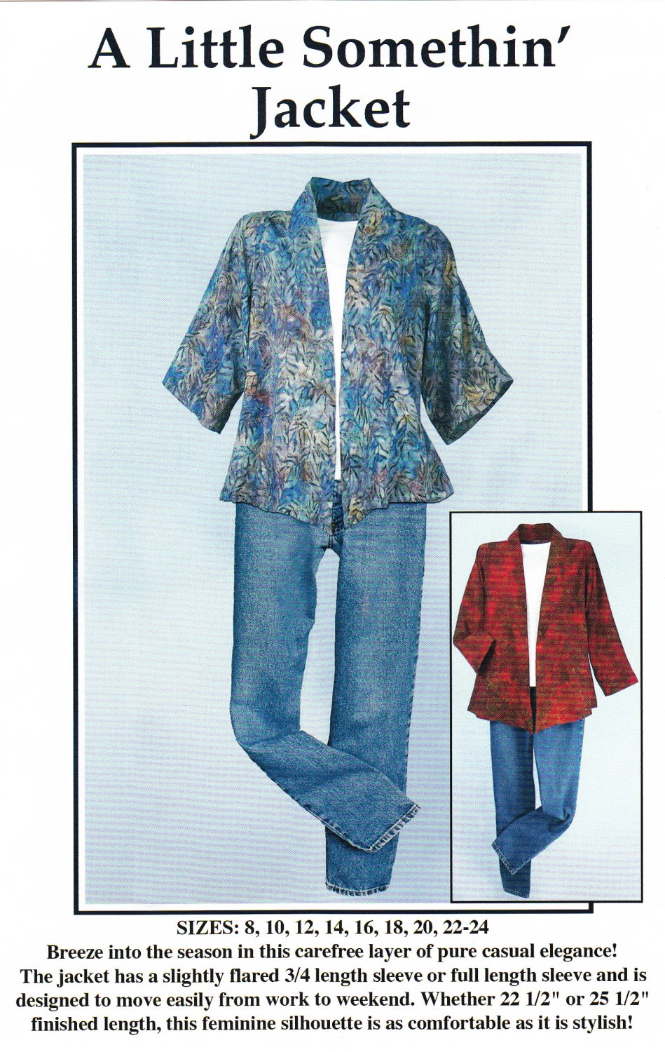 Patterned jacket and jeans with a smaller inset of a red plaid jacket and jeans on a light blue background.