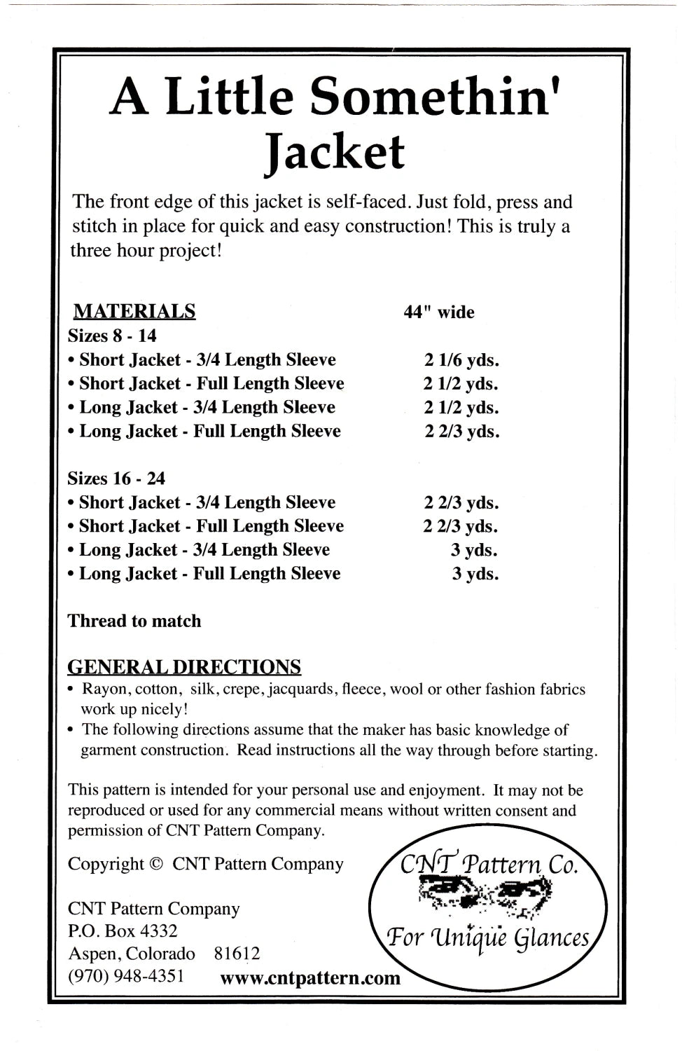 Pattern sheet for a 'Little Somethin' Jacket' with material requirements and instructions.