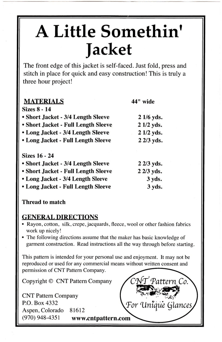 Pattern sheet for a 'Little Somethin' Jacket' with material requirements and instructions.