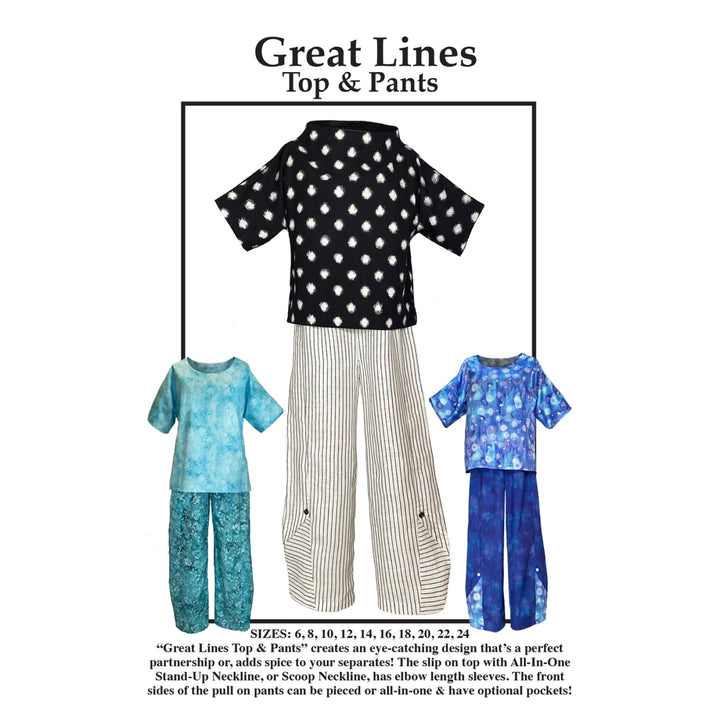 Womens's top and pants set with polka dot top and patterned pants on a white background, Great Lines pattern