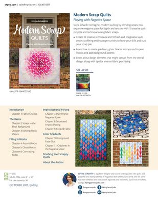 Page from a magazine or book about modern scrap quilts with quilt images and text.