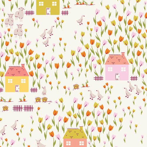 Cream fabric with little houses, flowers, geese, bunnies, and sheep