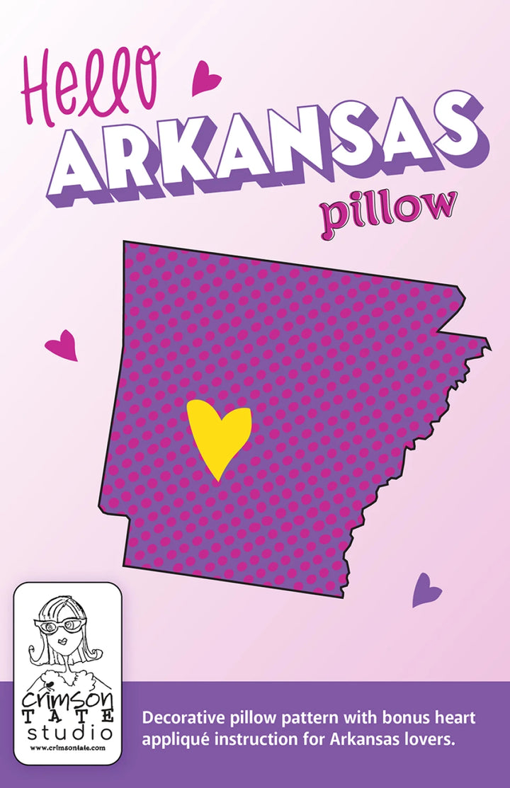 Decorative pillow pattern with 'Hello Arkansas' text and a yellow heart on a pink background.