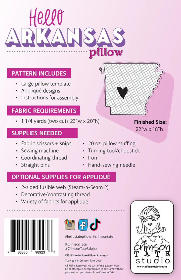 Back of a pillow pattern packaging with text and graphics on a pink background
