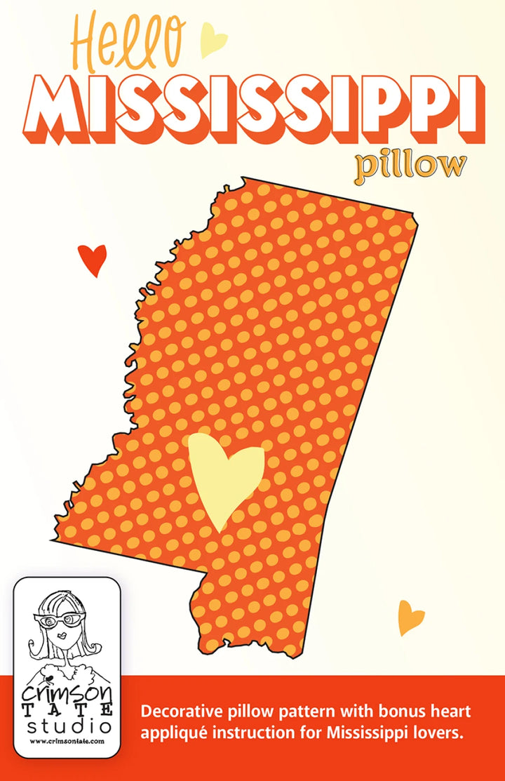 Decorative pillow pattern of Mississippi with a heart, featuring 'Hello Mississippi' text and a small logo.