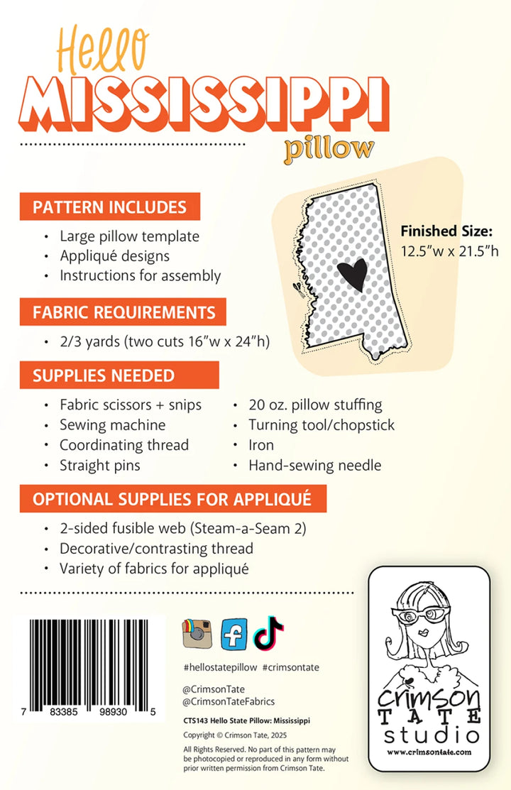 Product packaging for a 'Hello Mississippi' pillow with design details and Crimson Tate Studio branding.
