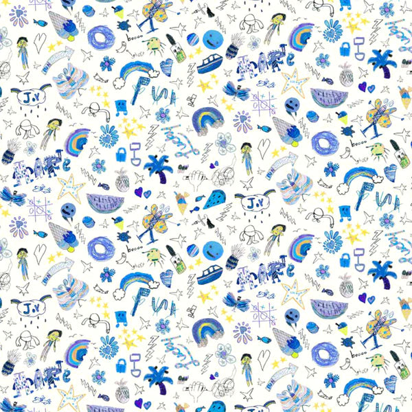 Colorful pattern of various shapes and symbols on a white background