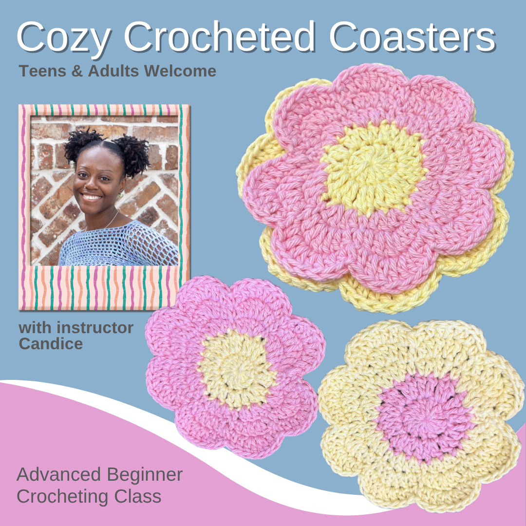 Advertisement for a crochet class with crocheted coasters and a photo of an instructor.