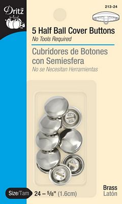 Packaging of Dritz half ball cover buttons with silver buttons and blue border.