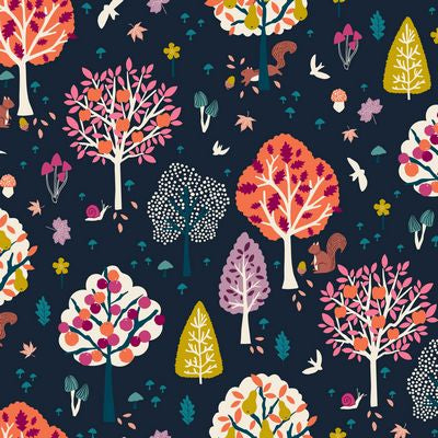 Fabric with navy background and bright colored trees and forest creatures.