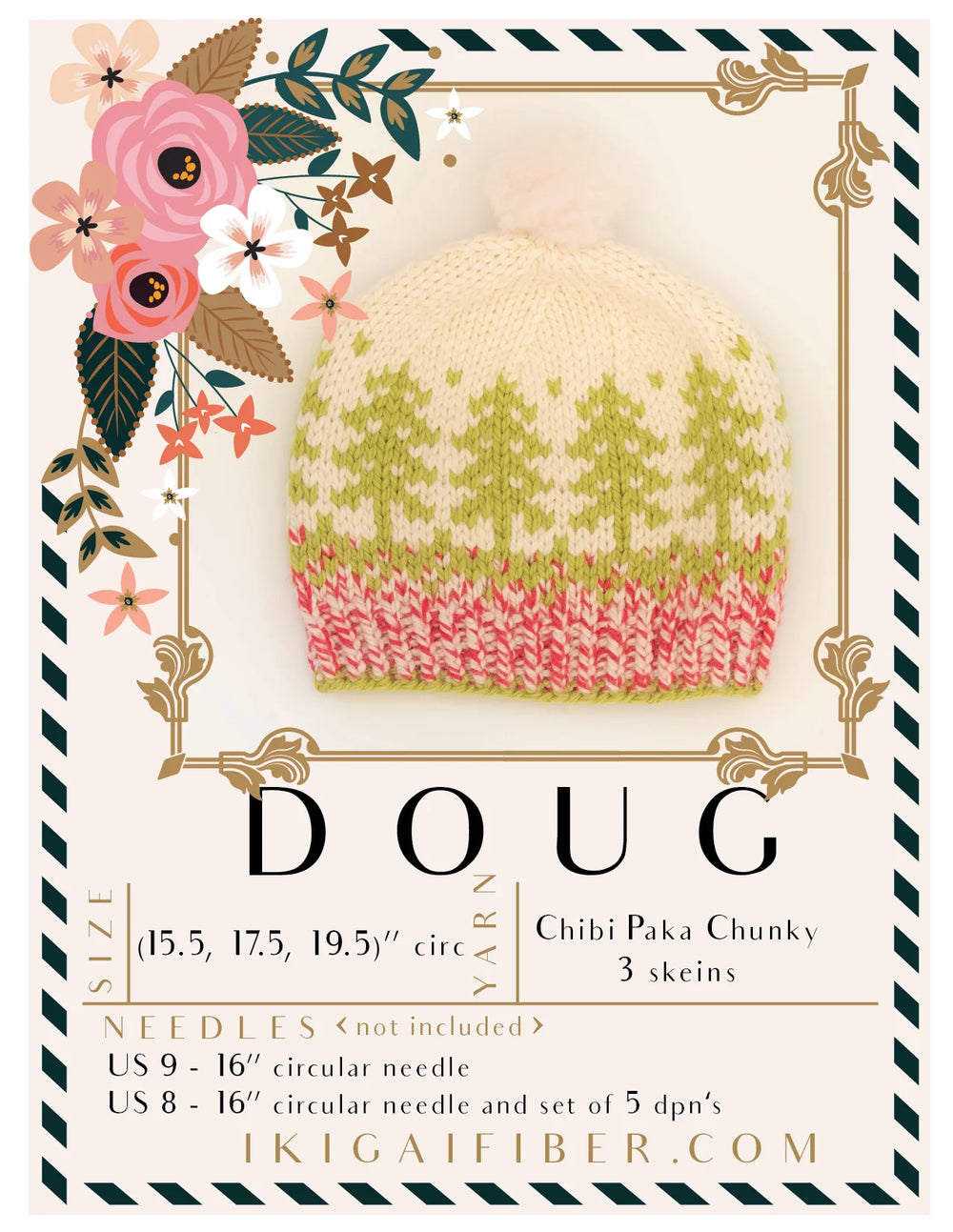 Knitted hat with pink and green pattern on a decorative background with flowers and text.