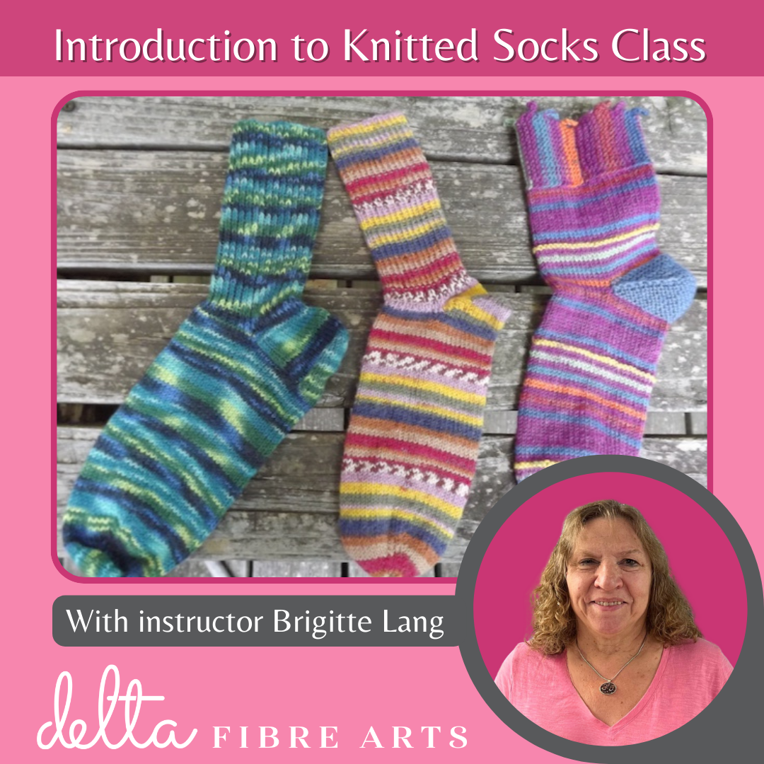 Photo of three colorful knitted socks with picture of Brigitte overlaid