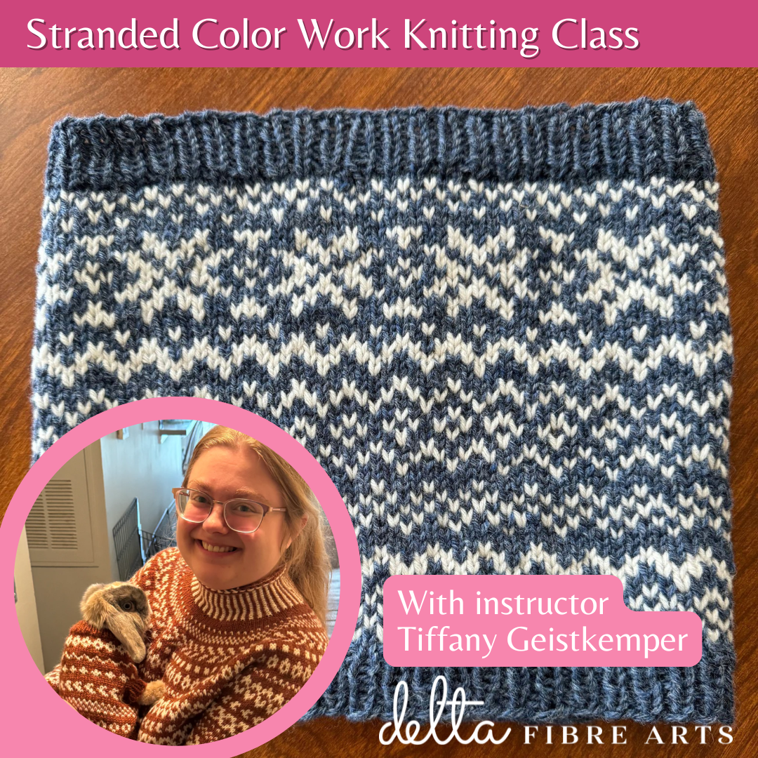 Sample of stranded color work knitting in blue and white with picture of Tiffany overlaid