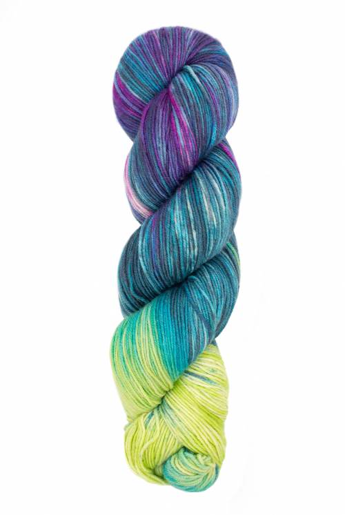 Yarn in shades of blue, purple, lime/yellow