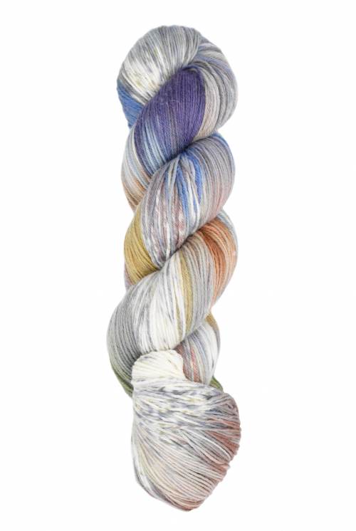 Yarn in shades of grey, purple, tan, and white