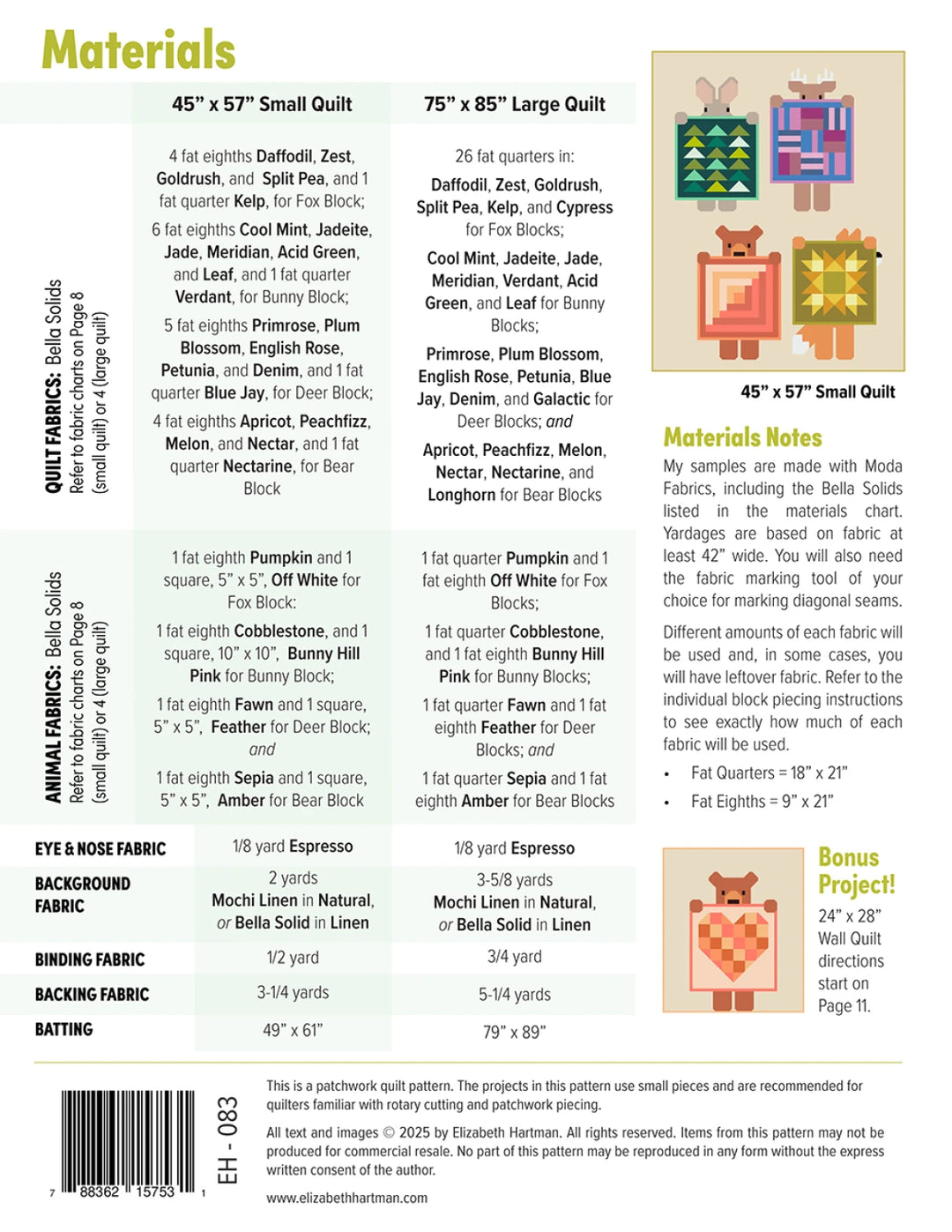 Pattern book for quilt making with fabric requirements and design illustrations.