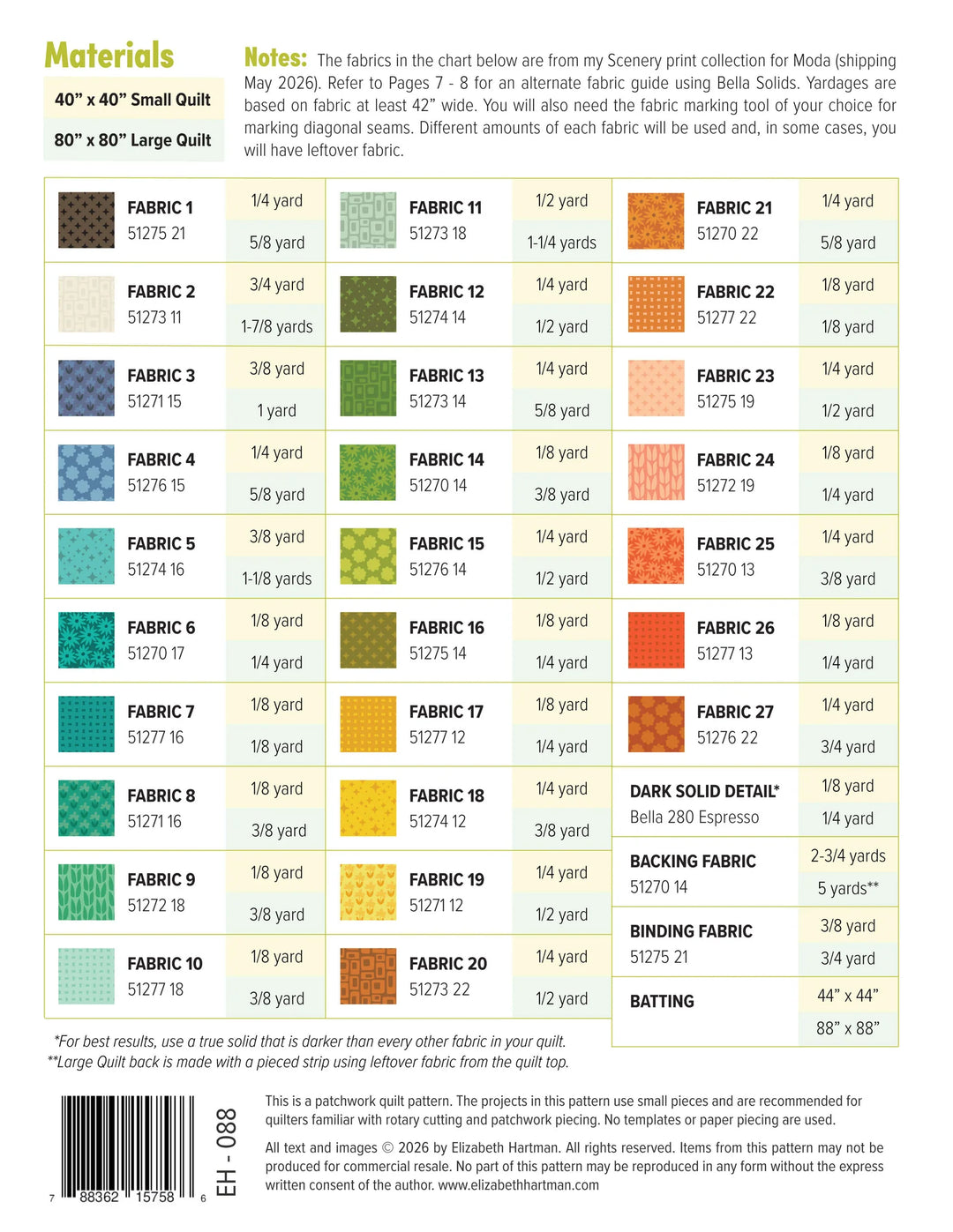Fabric material chart for quilting with fabric names, yardages, and specifications.