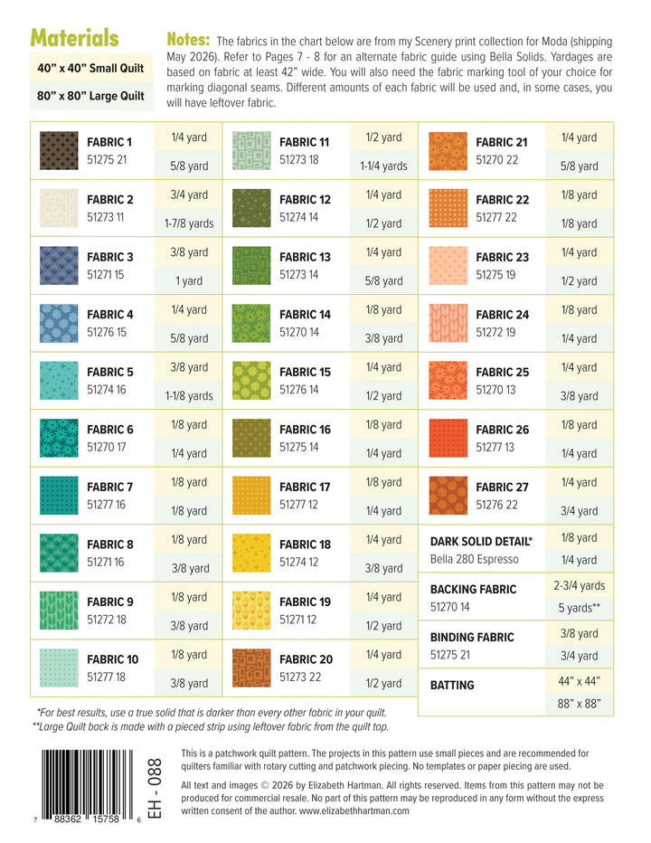 Fabric material chart for quilting with fabric names, yardages, and specifications.