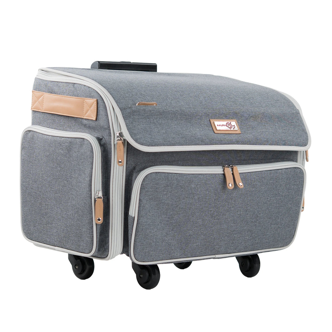Gray suitcase with beige accents on a white background