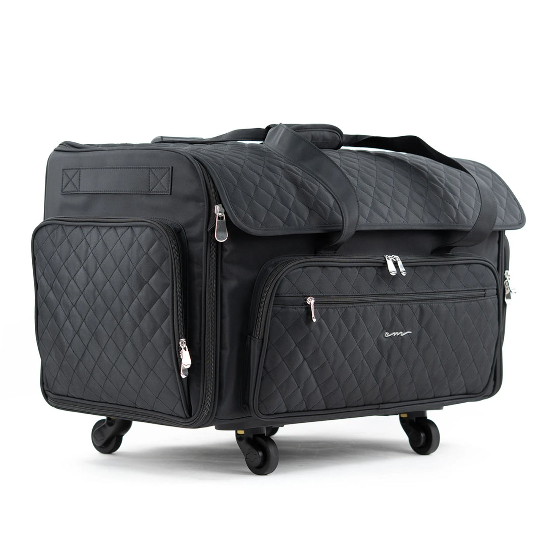 Black travel sewing machine bag with wheels on a white background