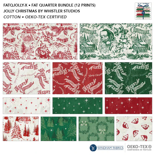 fabric swatches of the 12 fabrics included in the Jolly Christmas fat quarter bundle