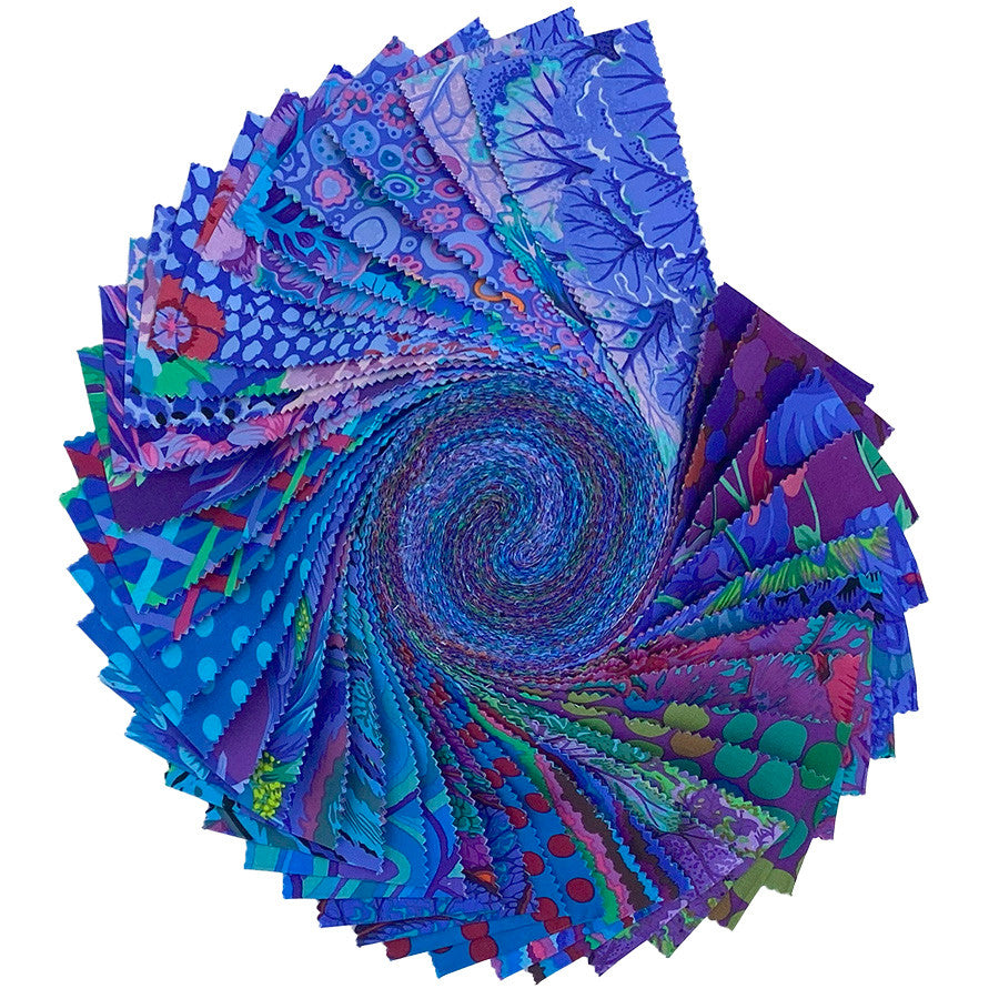 Stack of colorful fabric swatches arranged in a spiral pattern on a white background