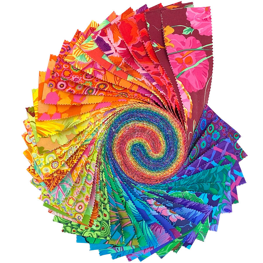 Colorful fabric swatches arranged in a spiral pattern on a white background
