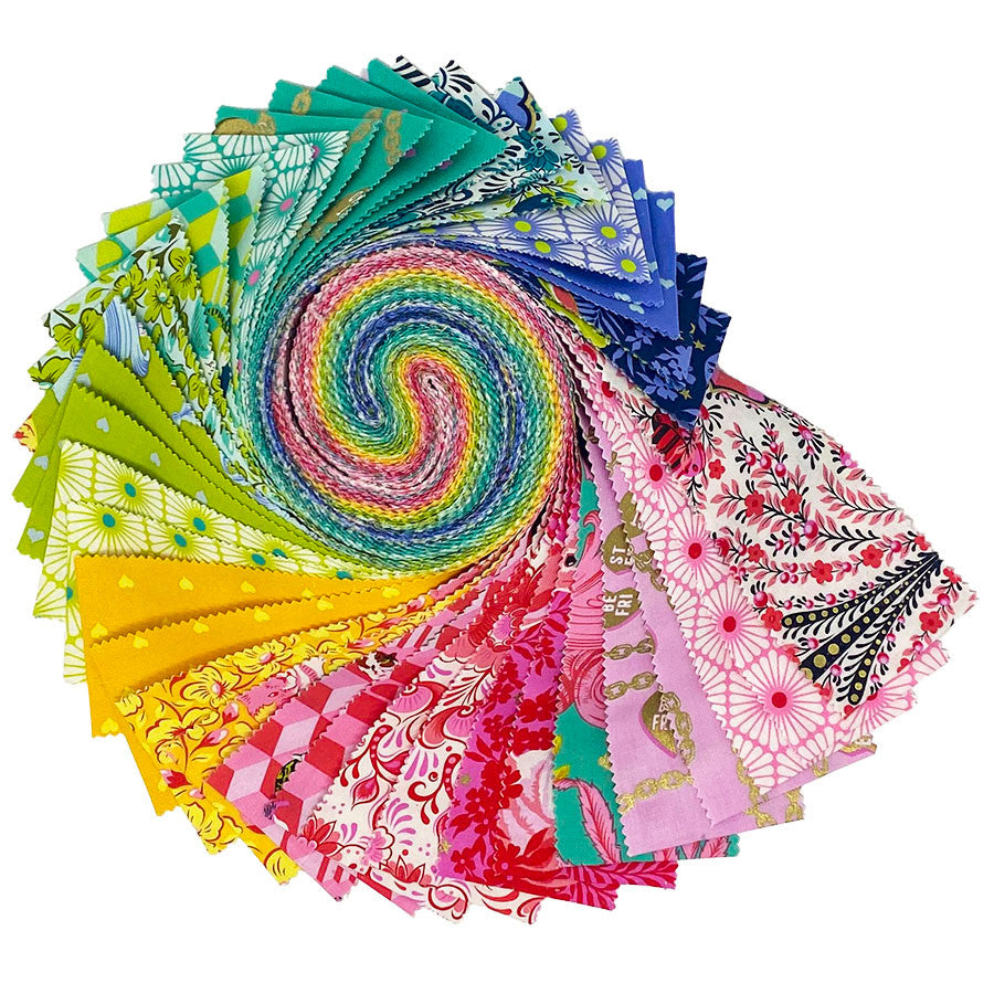 Collection of colorful fabric swatches arranged in a circular pattern on a white background