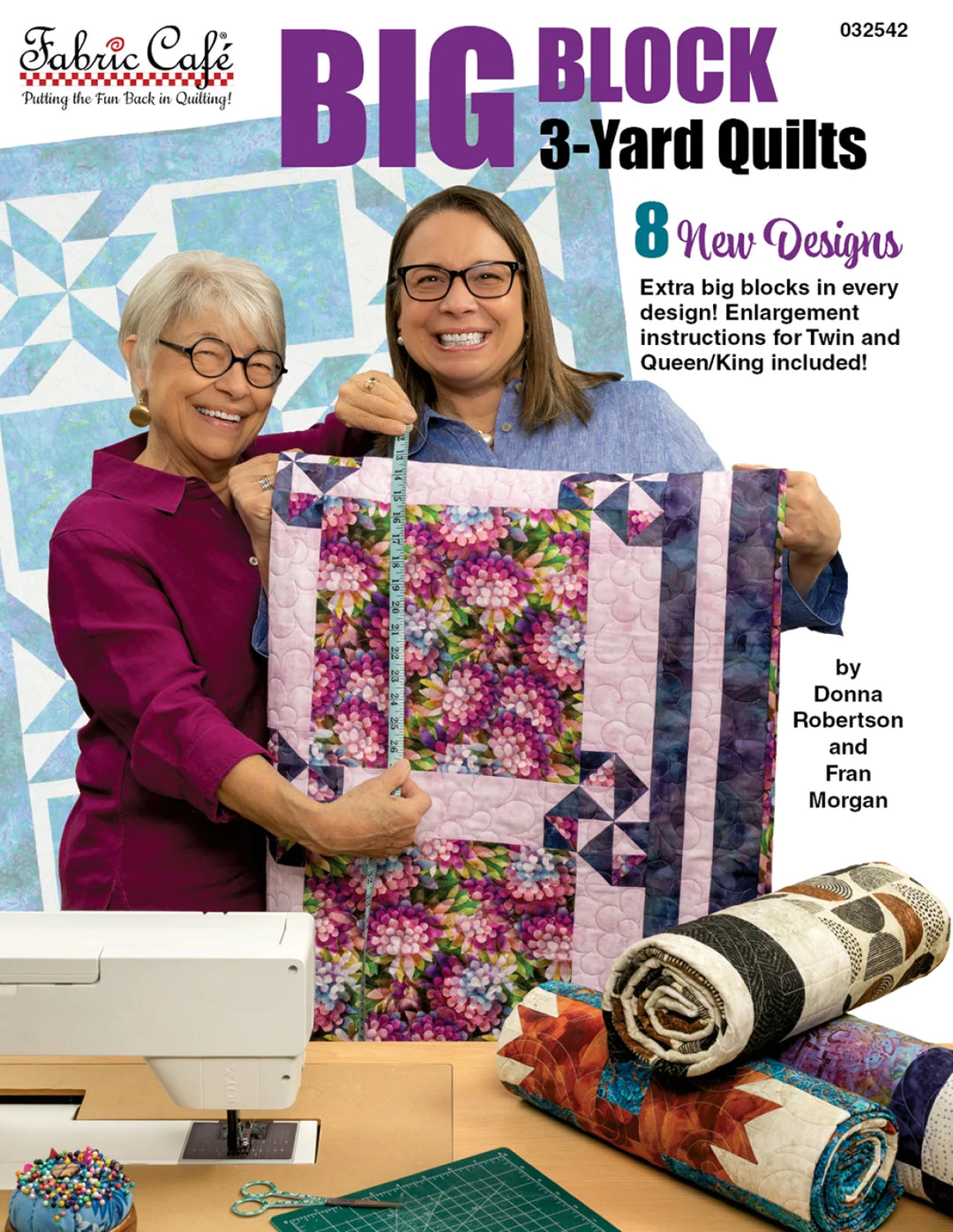Book cover featuring two women with a quilt and sewing materials, titled 'Big Block 3-Yard Quilts'.