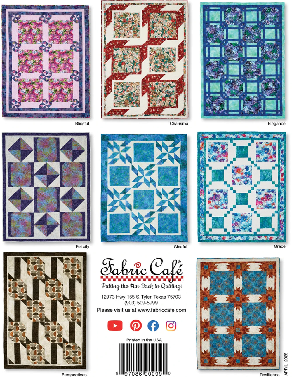 Collection of quilt patterns with 'Fabric Cafe' branding and contact information.