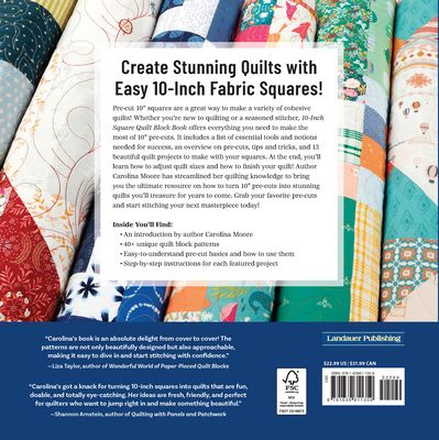 Book cover with colorful fabric squares and text about creating quilts with 10-inch fabric squares.