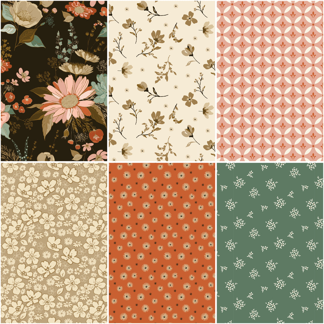 Collection of six floral and geometric patterned tiles in various colors.