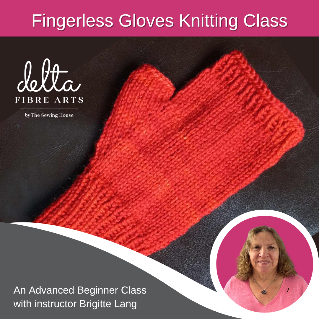 Promotional image for a fingerless gloves knitting class with a red knitted glove and Delta Fibre Arts branding.