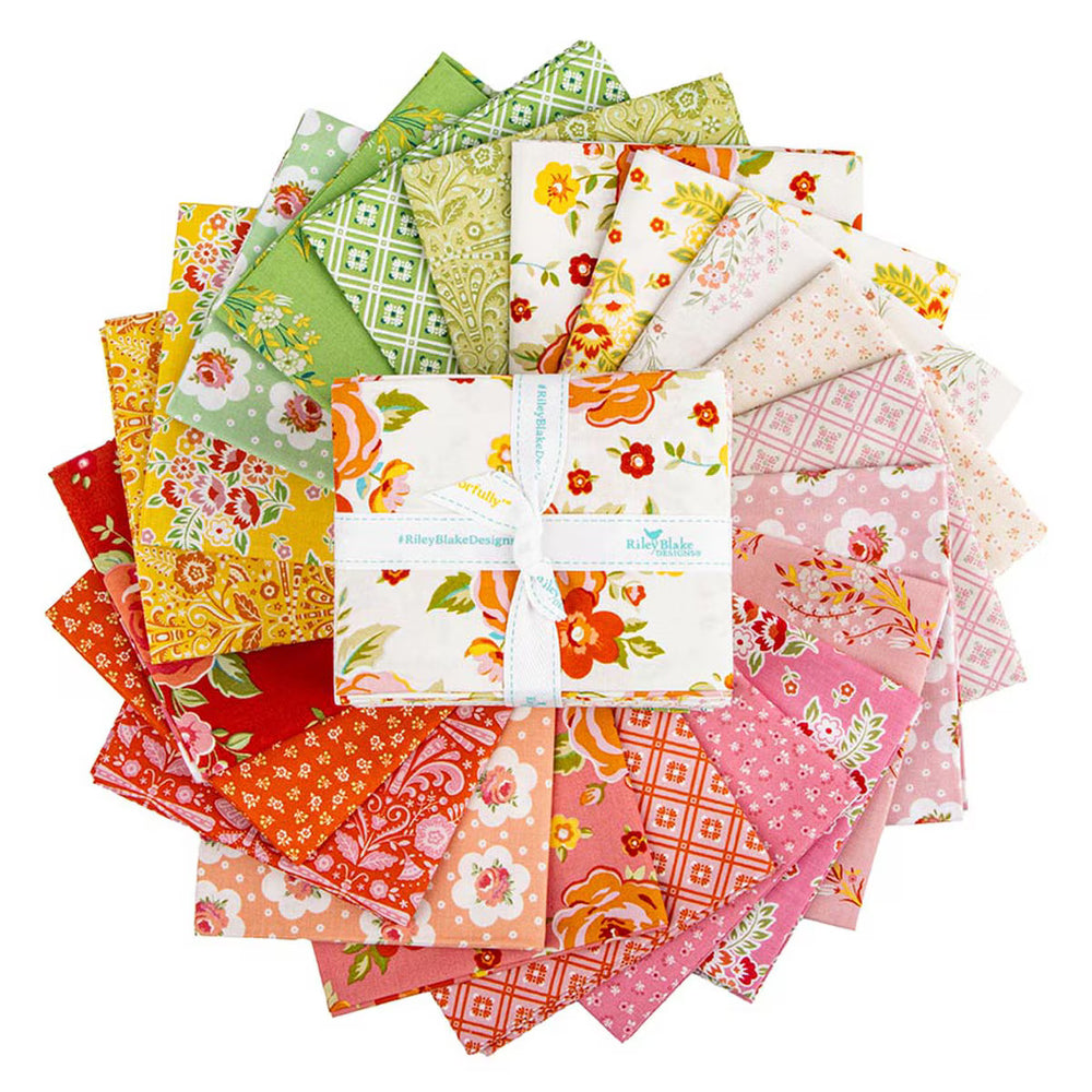 Collection of colorful fabric squares with various patterns on a white background