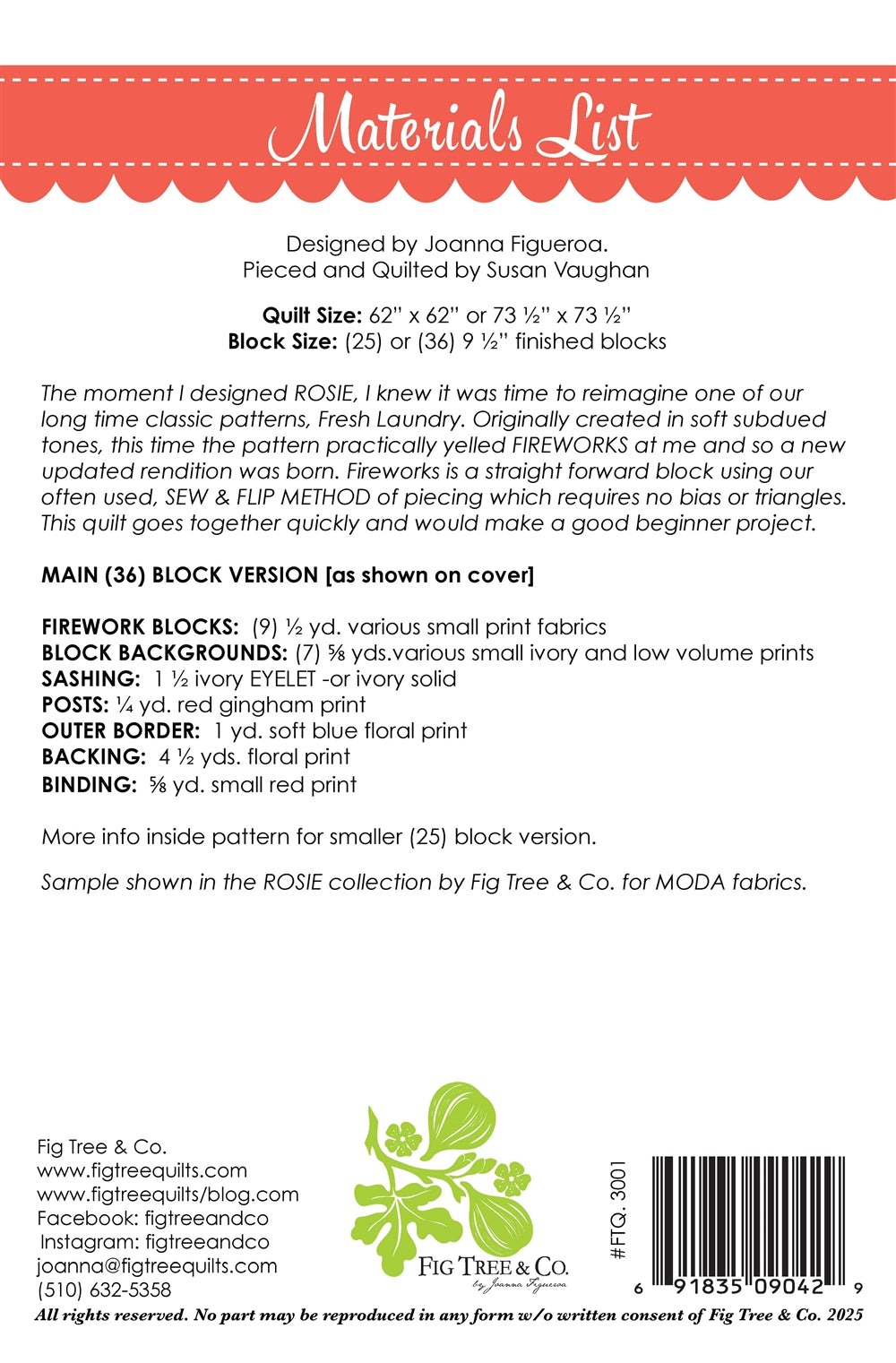 Materials list for a quilt design by Fig Tree & Co. with text and branding.