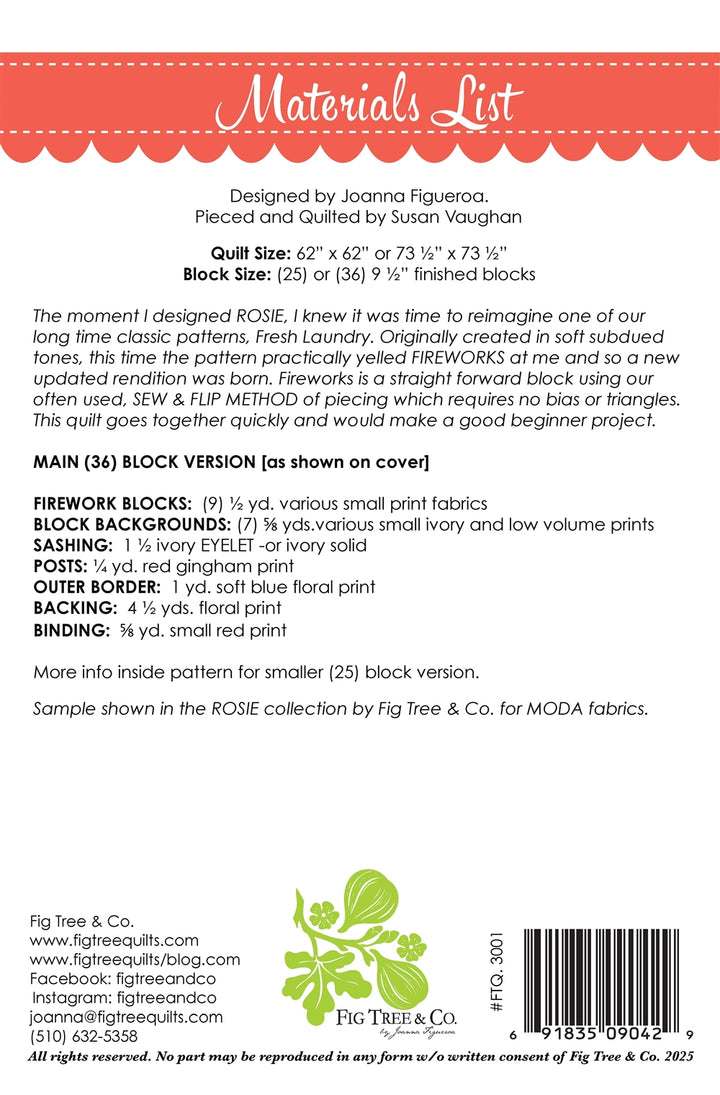 Materials list for a quilt design by Fig Tree & Co. with text and branding.