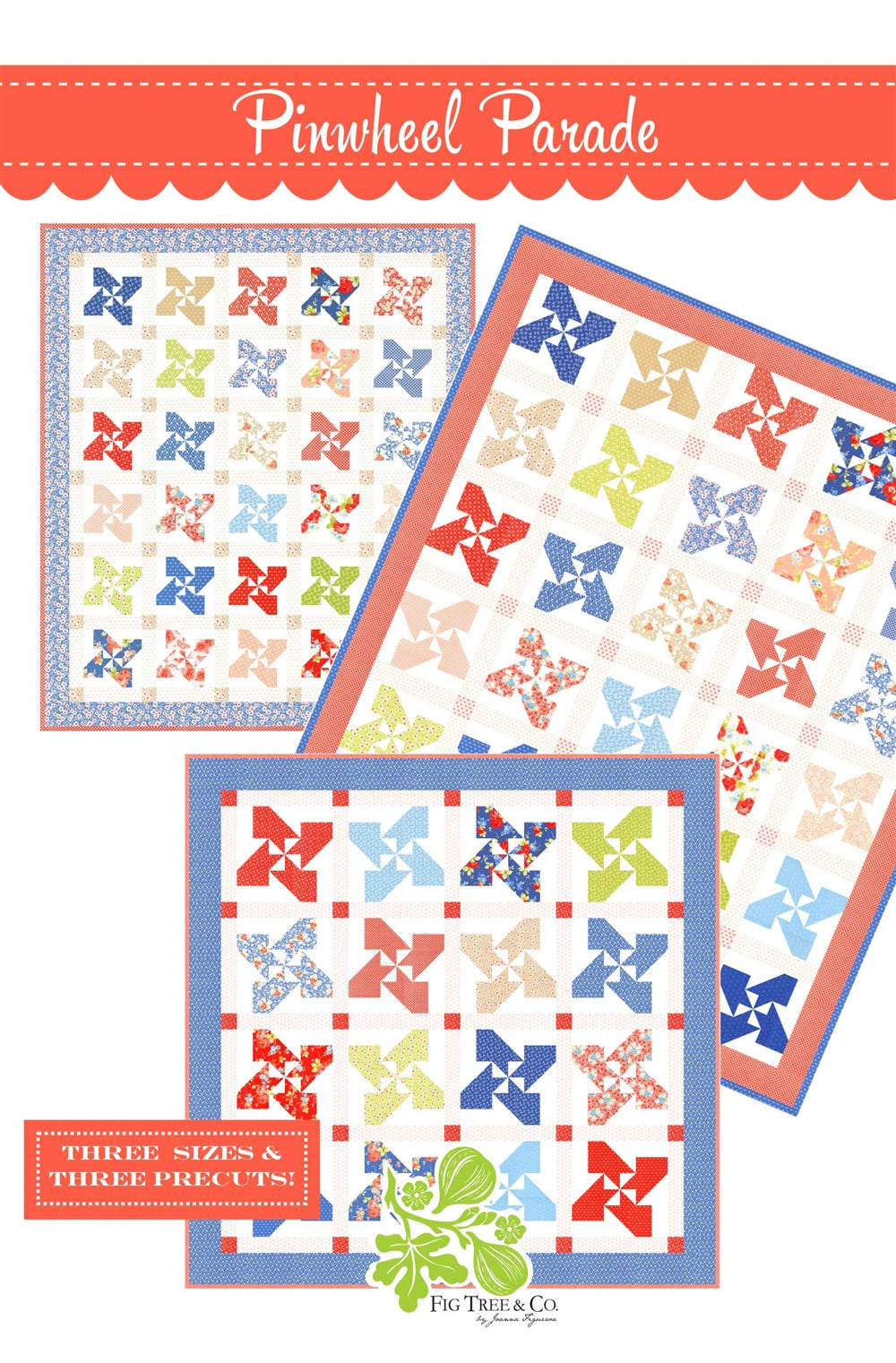 Three colorful quilt patterns with a 'Pinwheel Parade' title and Pic Tree & Co. branding.