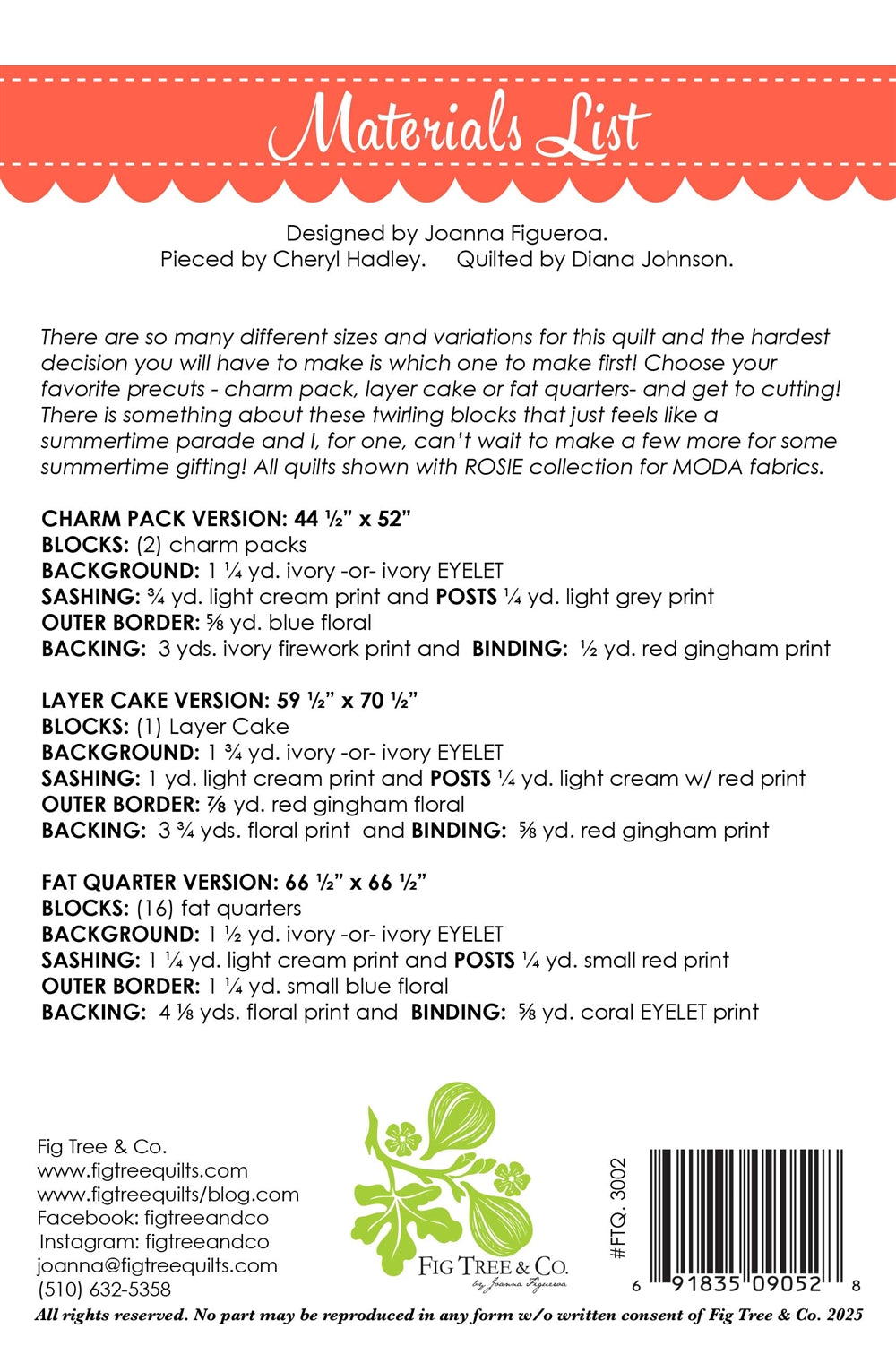 Materials list for a quilt design by Fig Tree & Co.