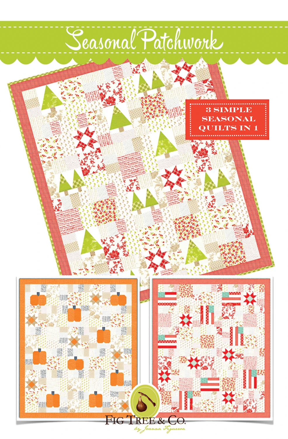 Seasonal patchwork quilt pattern with Christmas and Halloween designs on a green background.