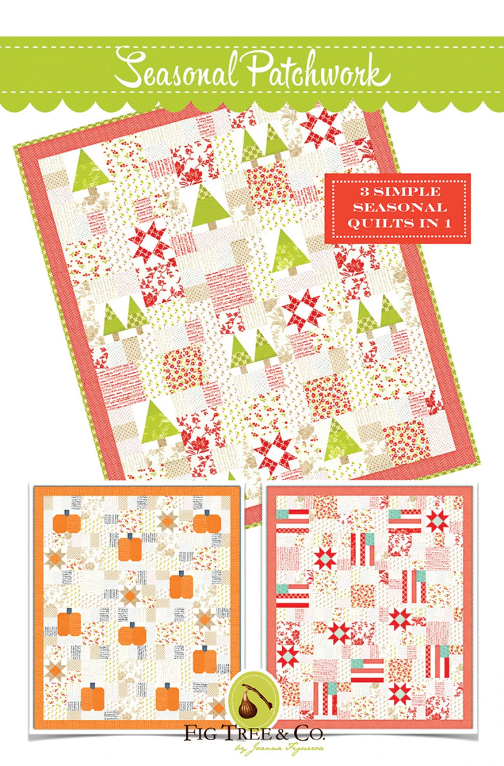 Seasonal patchwork quilt pattern with Christmas and Halloween designs on a green background.