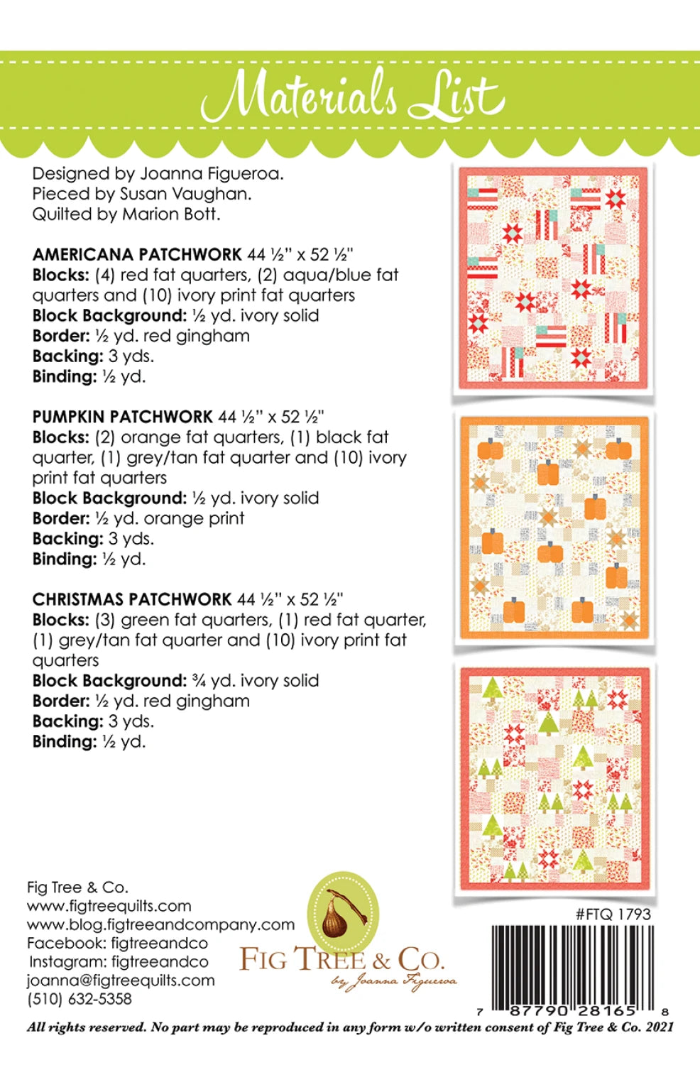Materials list for a quilt design with fabric swatches and measurements.