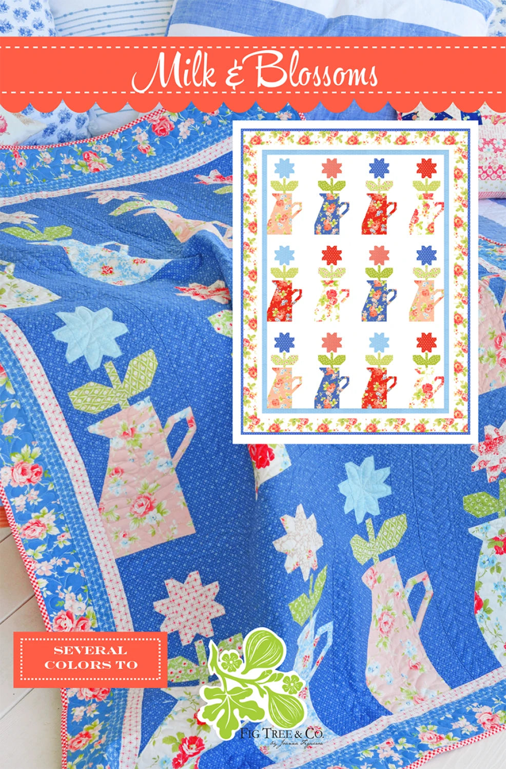 Quilt pattern with floral and animal designs on a blue background, featuring the brand 'Milk & Blossoms'.
