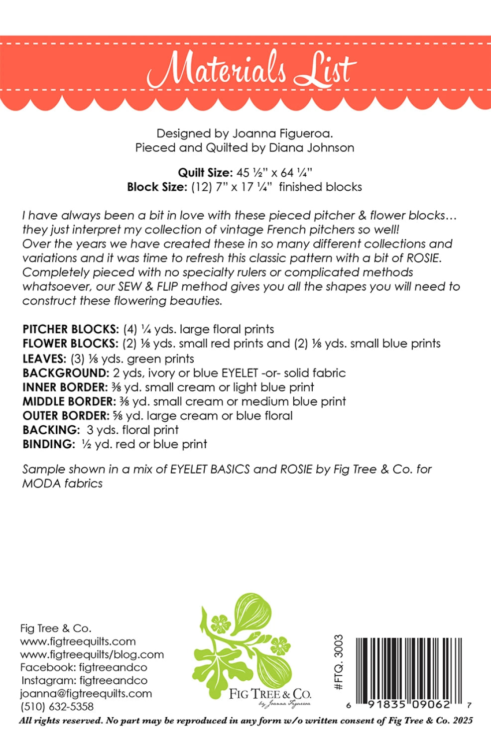 Materials list for a quilt design by Fig Tree & Co. with text and branding.