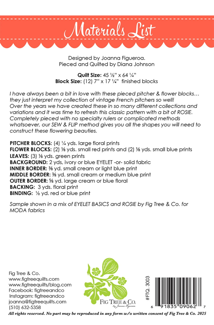 Materials list for a quilt design by Fig Tree & Co. with text and branding.
