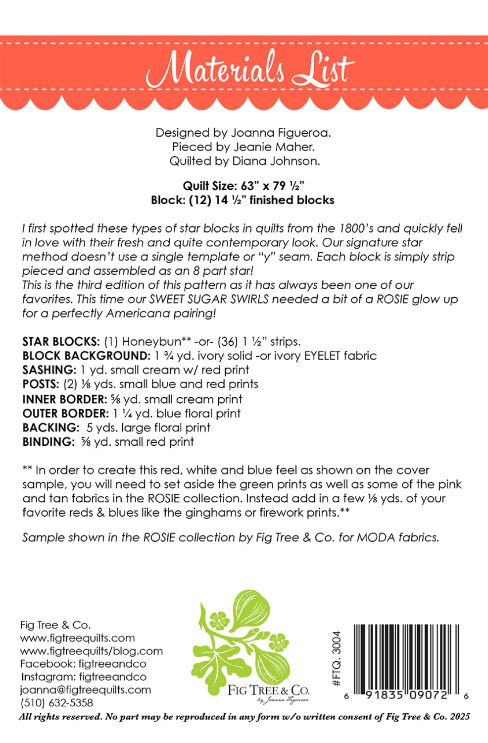 Materials list for a quilt design by Fig Tree & Co. with fabric requirements and design details.