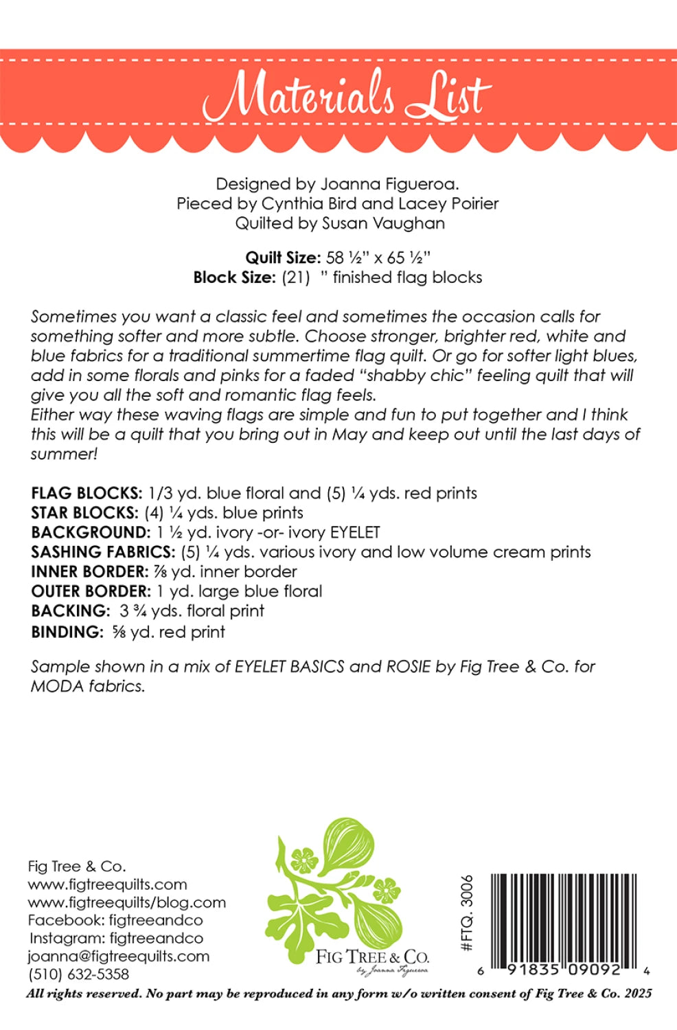 Materials list for a quilt design by Fig Tree & Co.